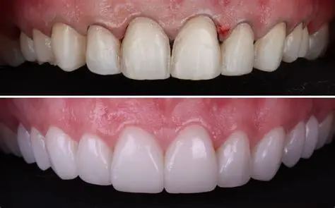 Before and after example of porcelain veneers on the upper front teeth