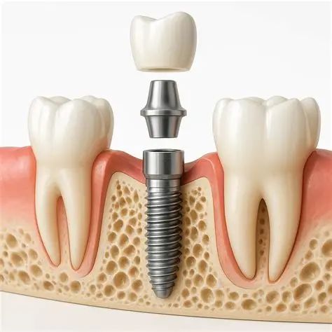 Illustration of a dental implant — titanium post in the jawbone, abutment and crown